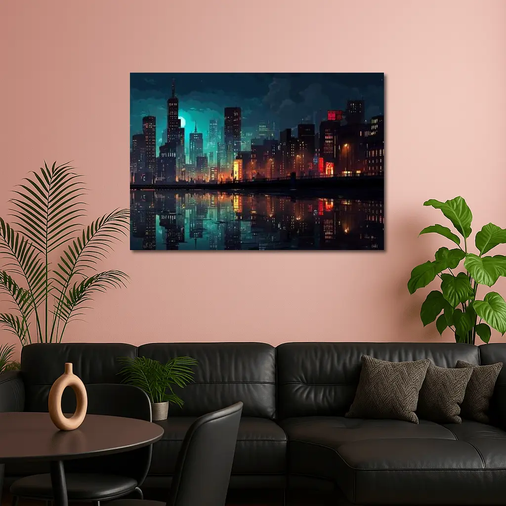 Pixel Art City Night Skyline Reflection – Wall Art