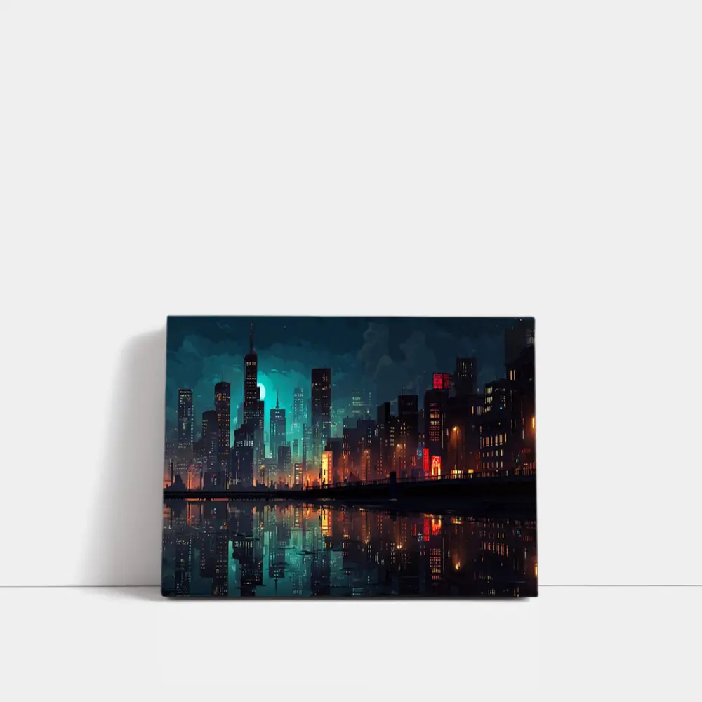 Pixel Art City Night Skyline Reflection – Wall Art