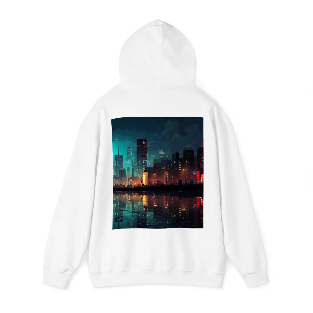 Pixel Art City Night Skyline Reflection – Hoodies
