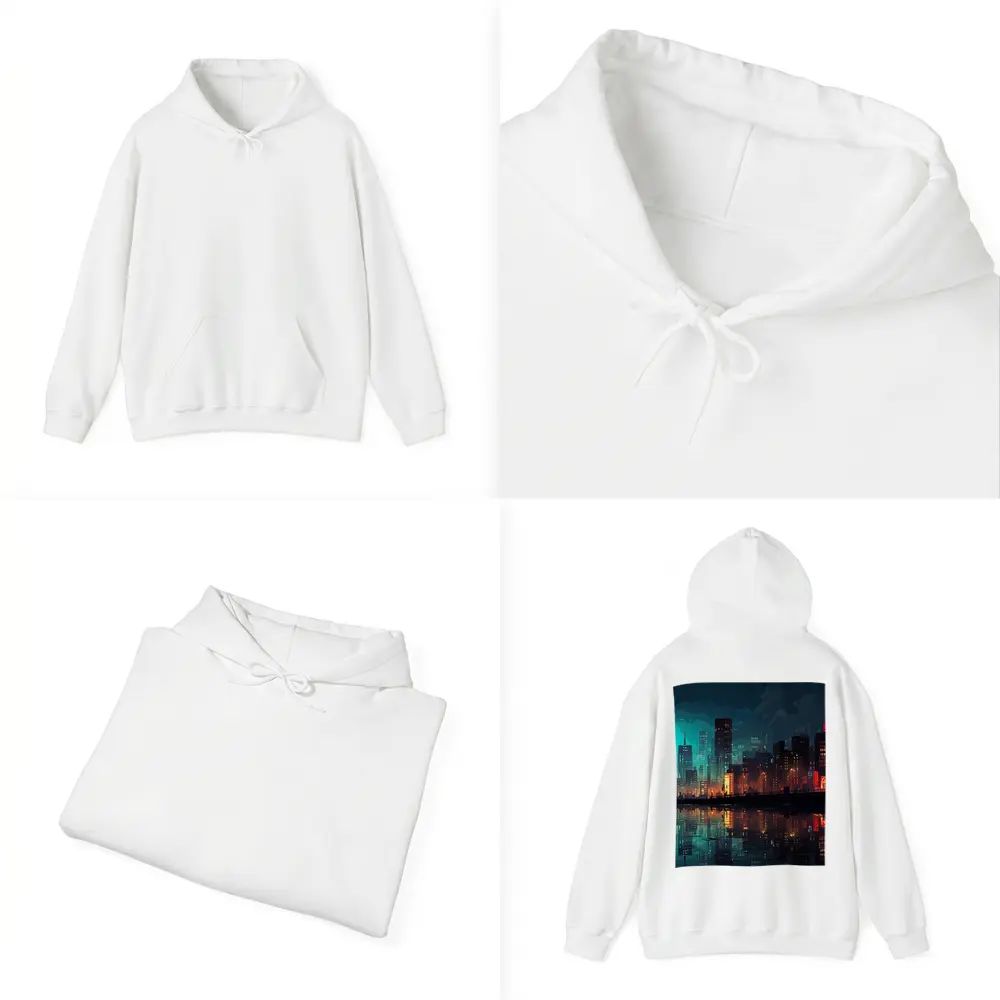 Pixel Art City Night Skyline Reflection – Hoodies