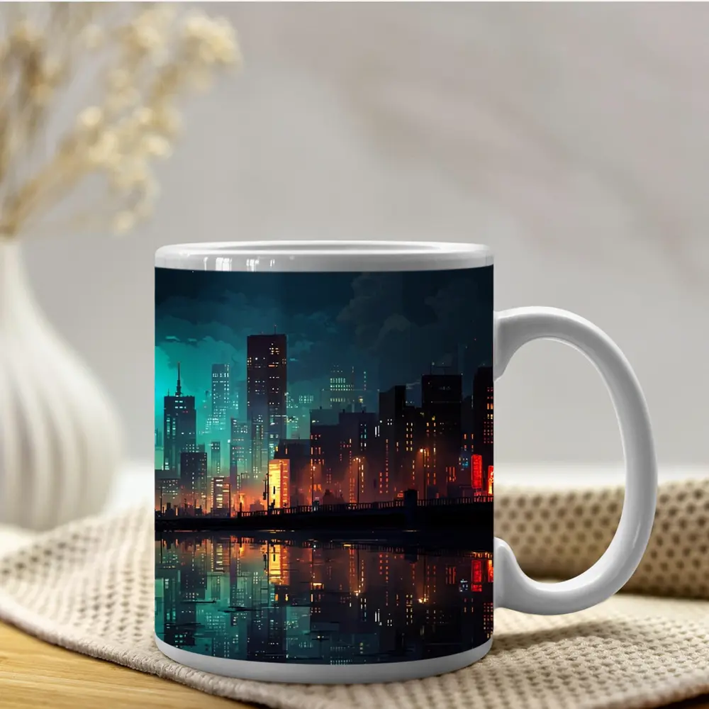 Pixel Art City Night Skyline Reflection – Mugs