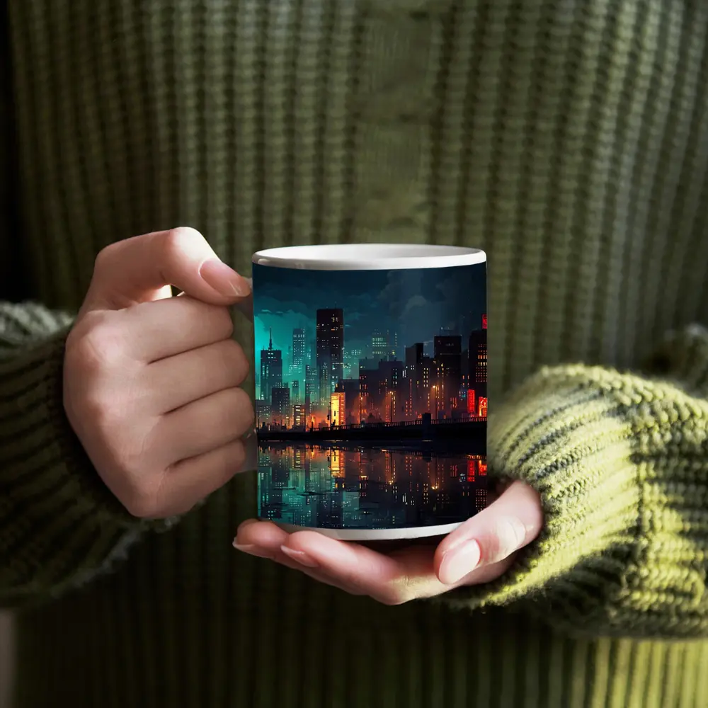 Pixel Art City Night Skyline Reflection – Mugs