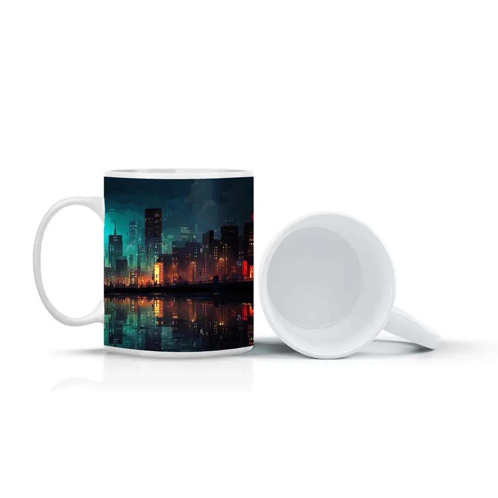 Pixel Art City Night Skyline Reflection – Mugs