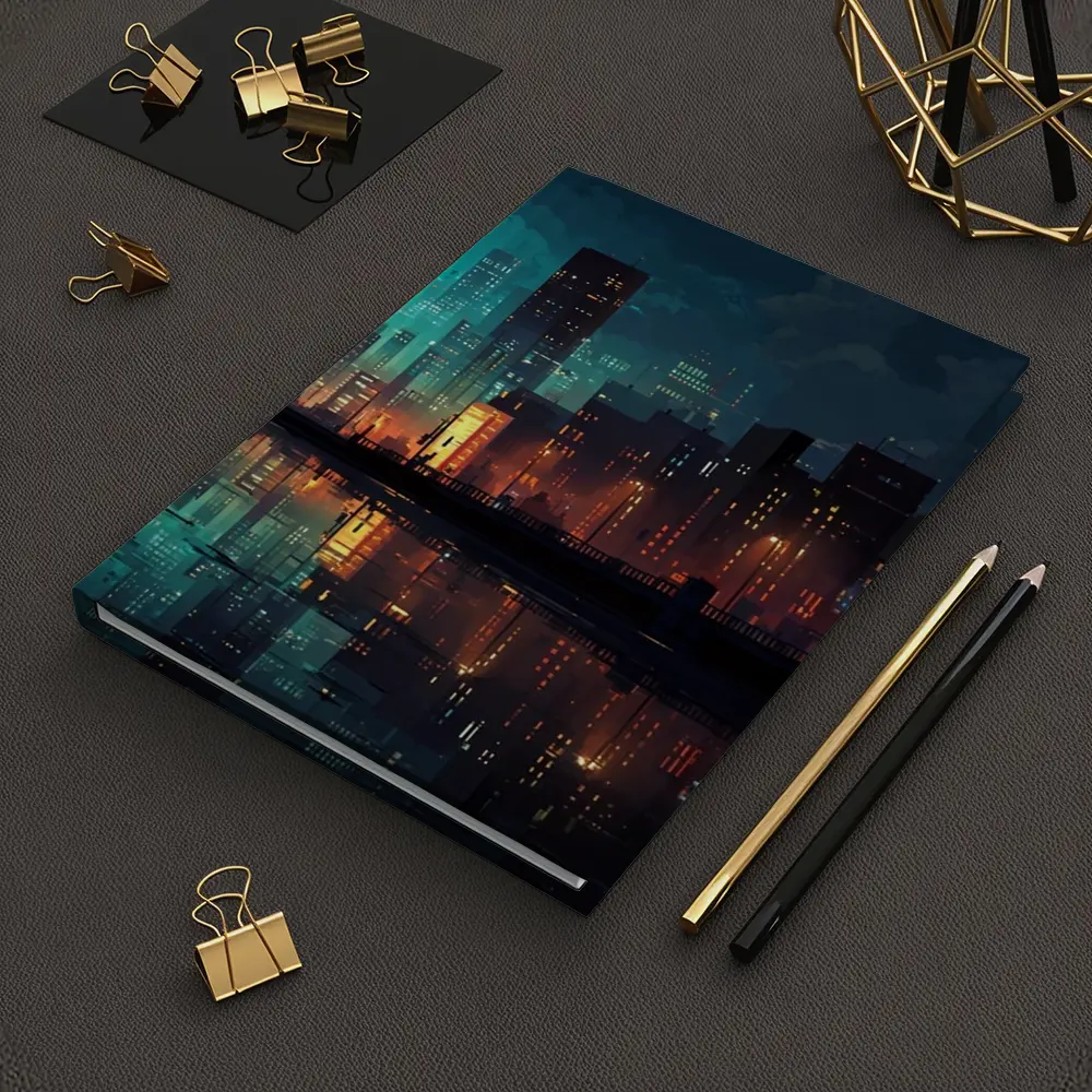 Pixel Art City Night Skyline Reflection – Notebooks