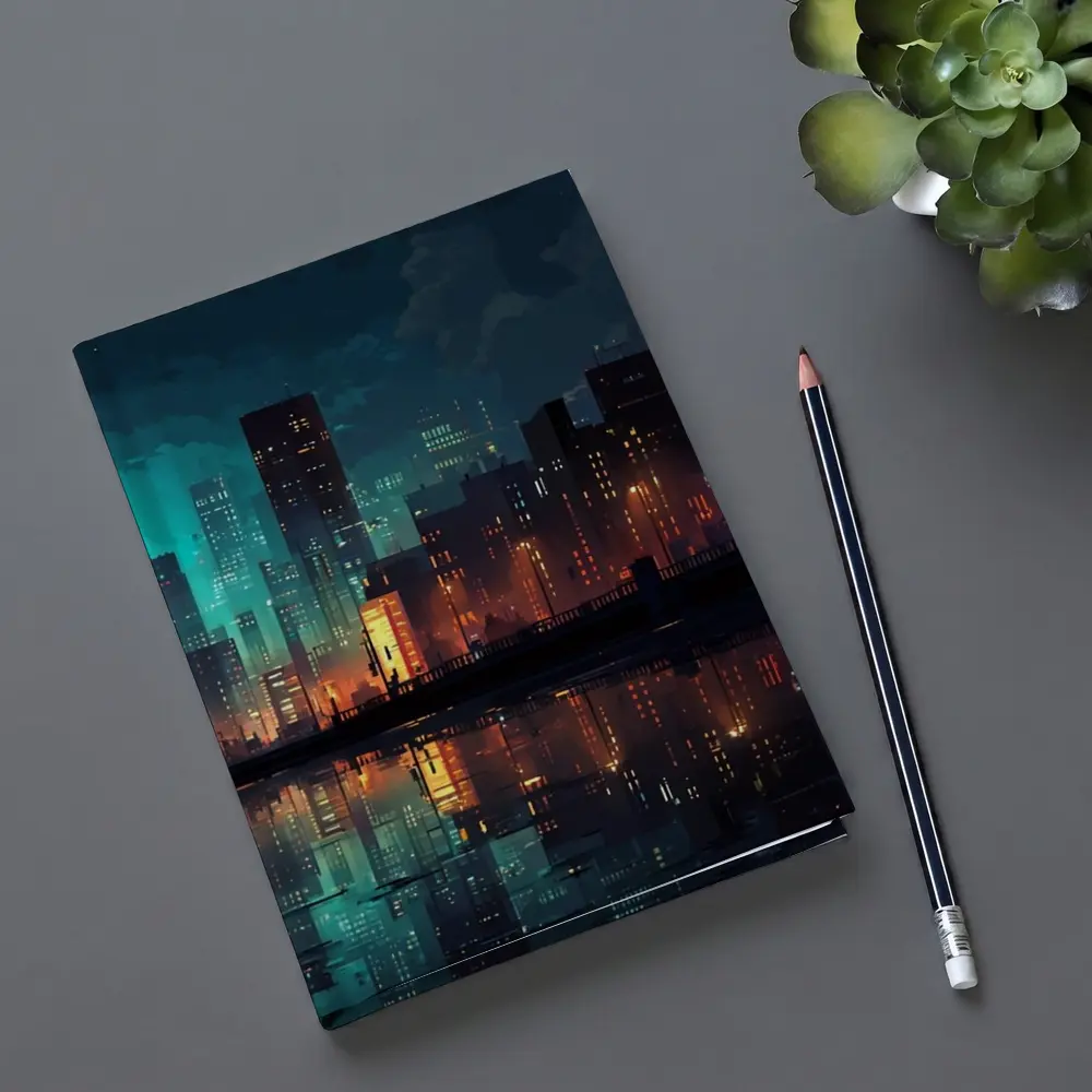 Pixel Art City Night Skyline Reflection – Notebooks