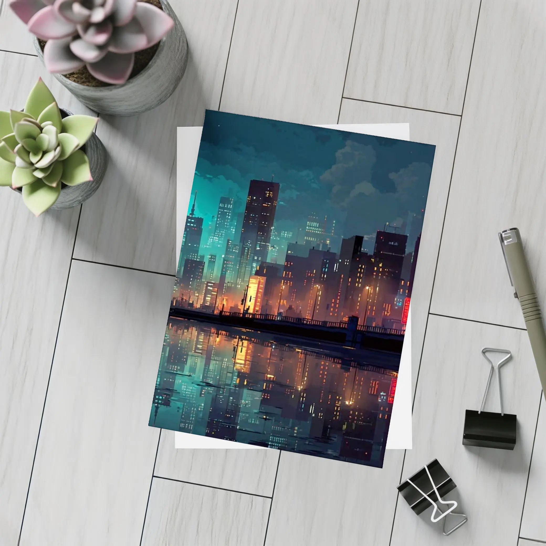Pixel Art City Night Skyline Reflection – Postcards