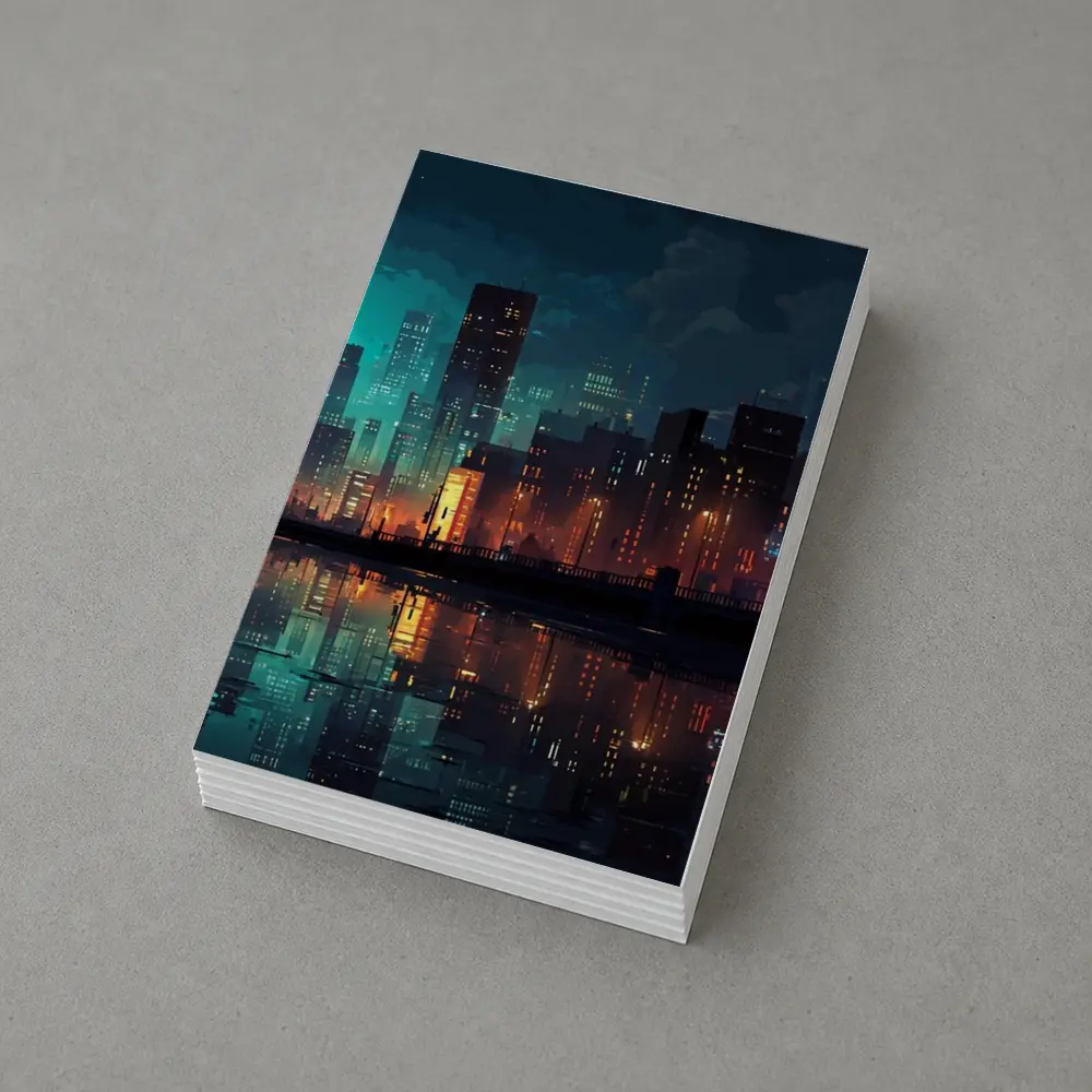 Pixel Art City Night Skyline Reflection – Postcards