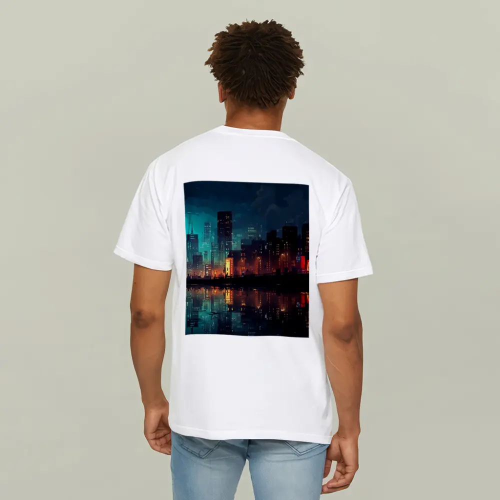 Pixel Art City Night Skyline Reflection – T-Shirts