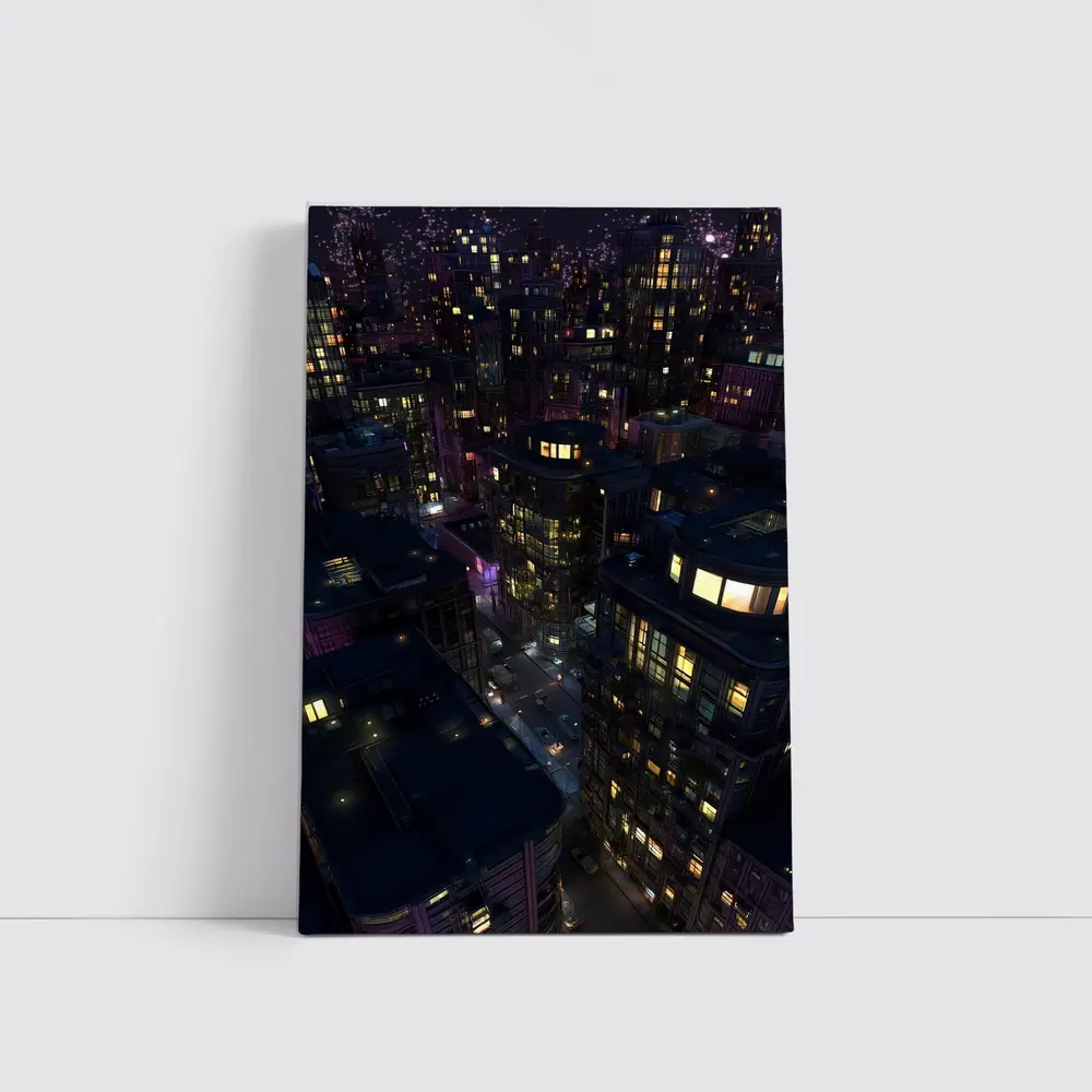 Dark City Night Aerial Urban Cityscape Art – Wall Art