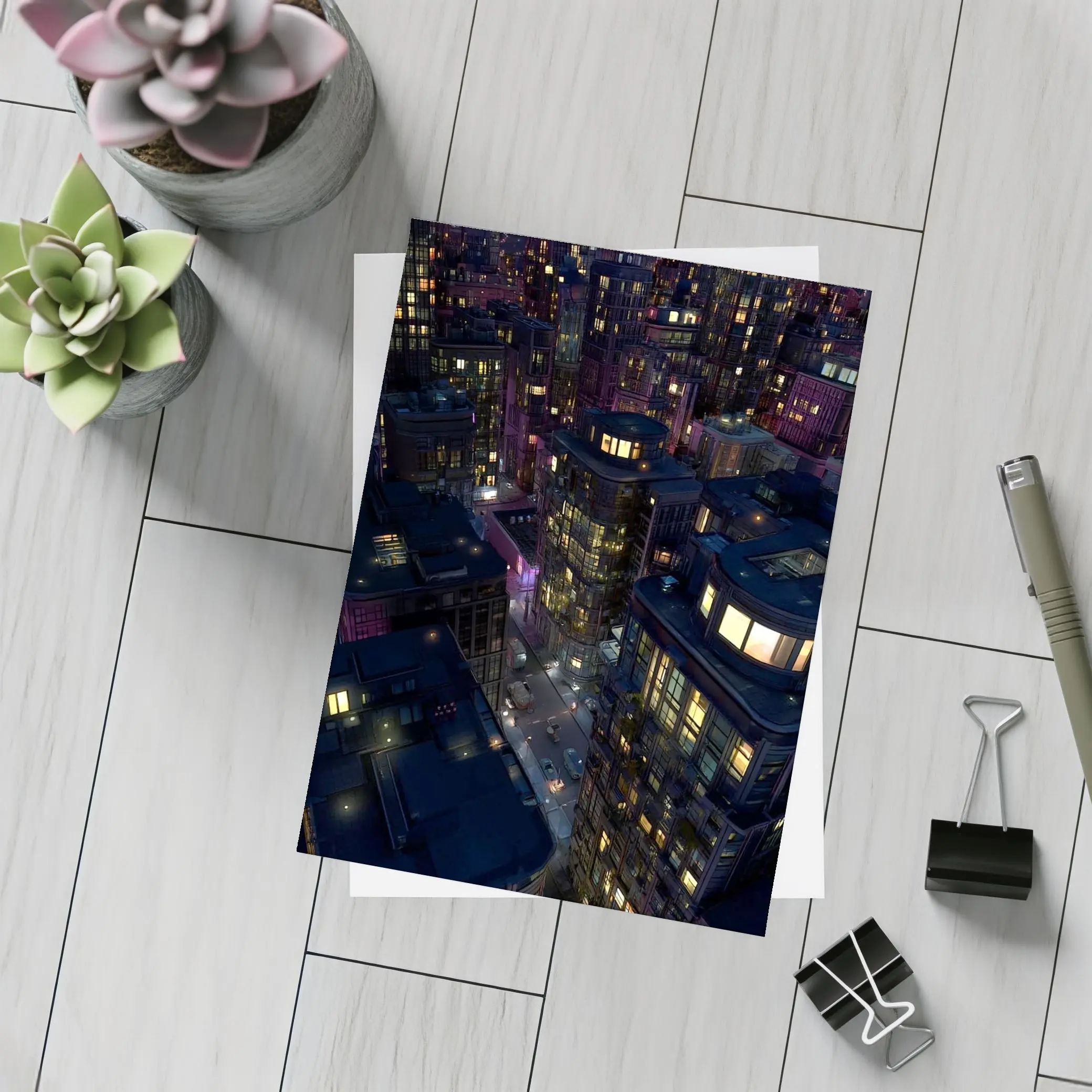 Dark City Night Aerial Urban Cityscape Art – Postcards