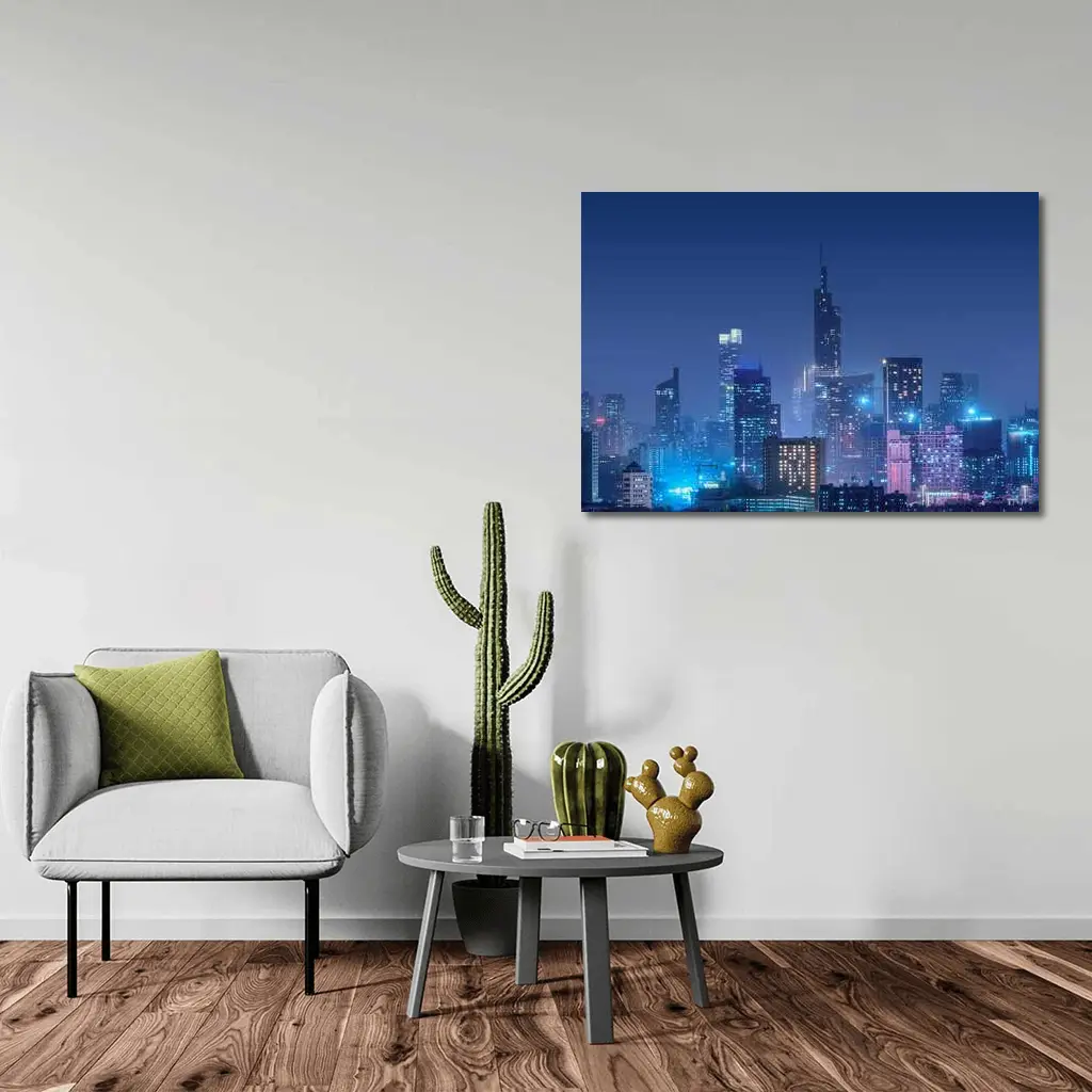 City Skyline Blue Night Lights Cityscape – Wall Art