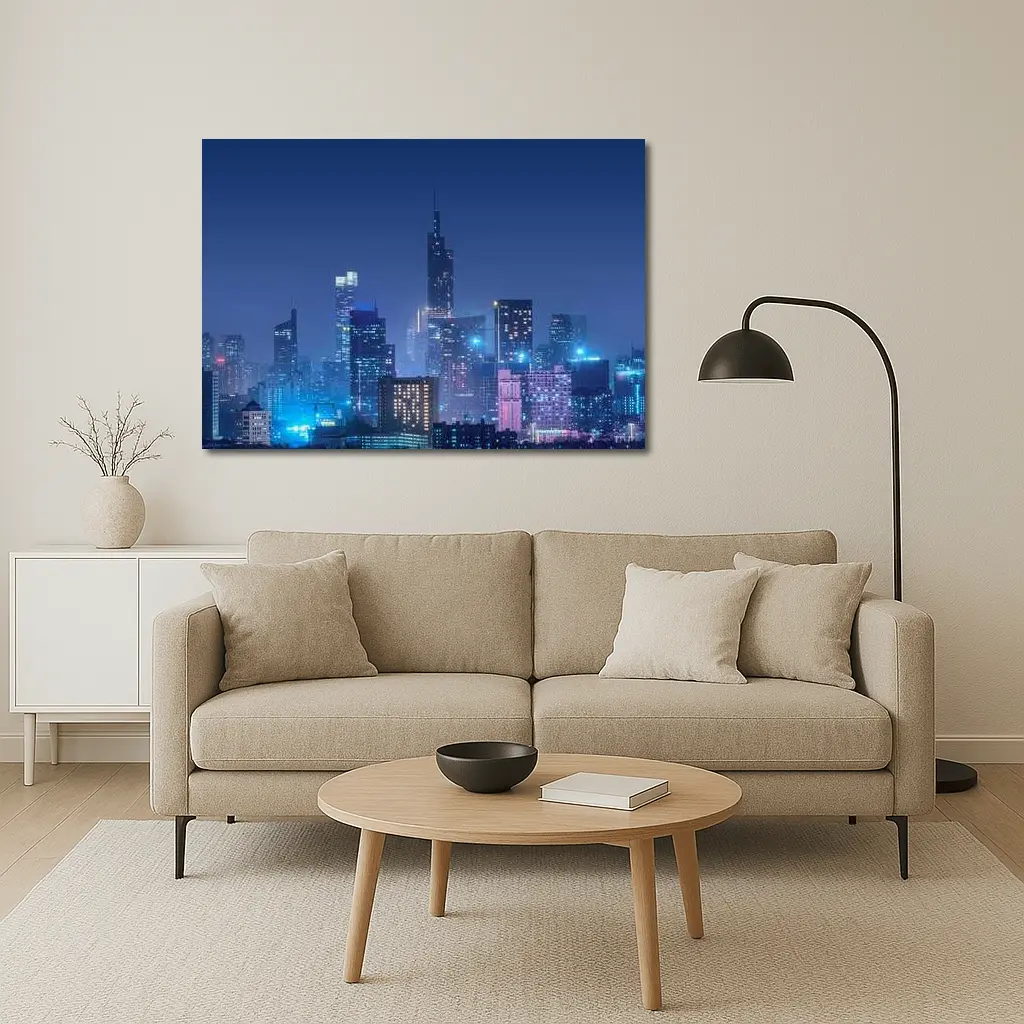 City Skyline Blue Night Lights Cityscape – Wall Art