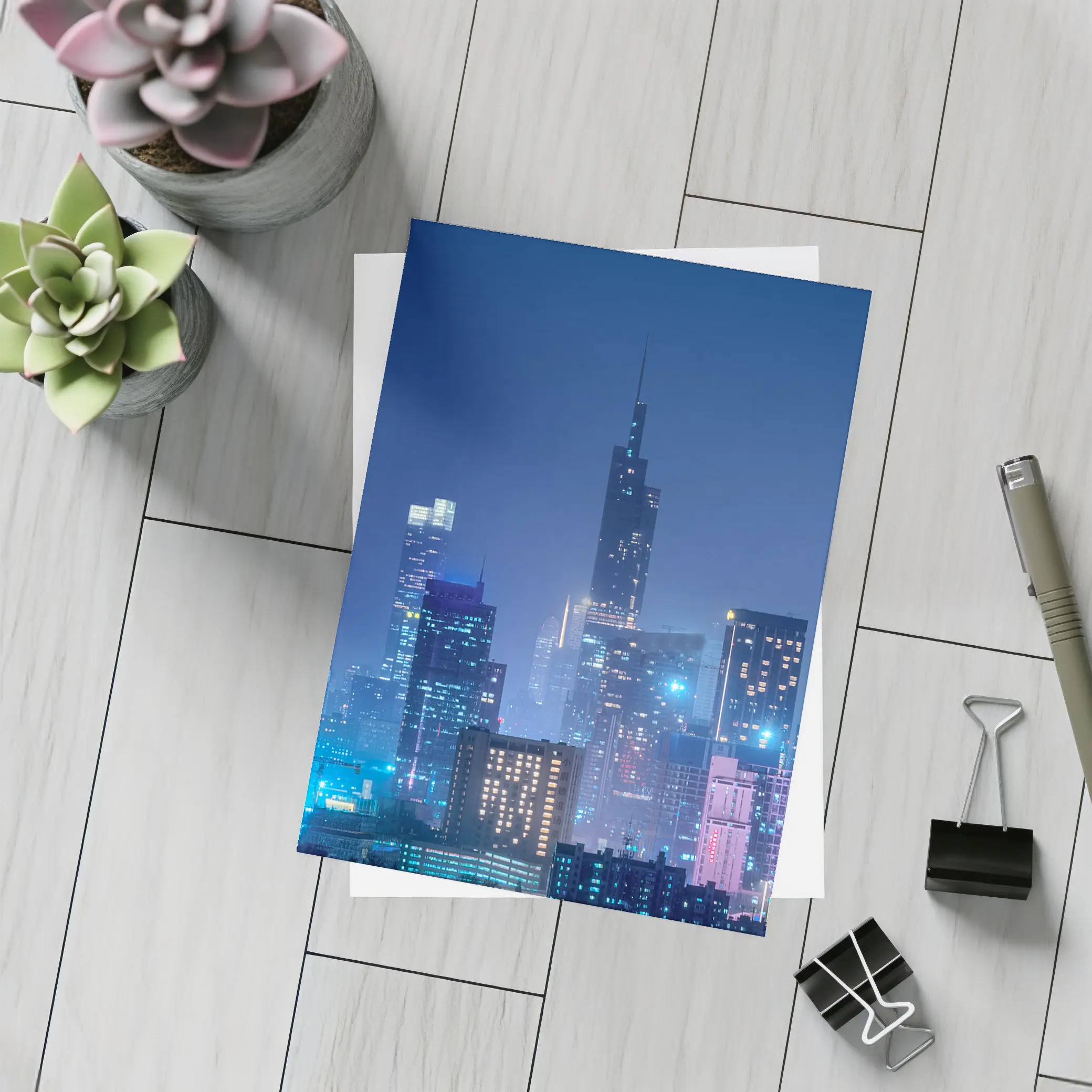 City Skyline Blue Night Lights Cityscape – Postcards