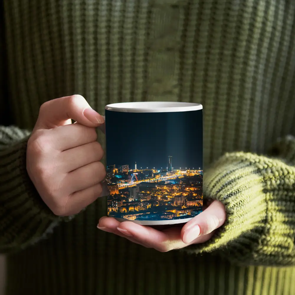 City At Night Glowing Urban Skyline View – Mugs