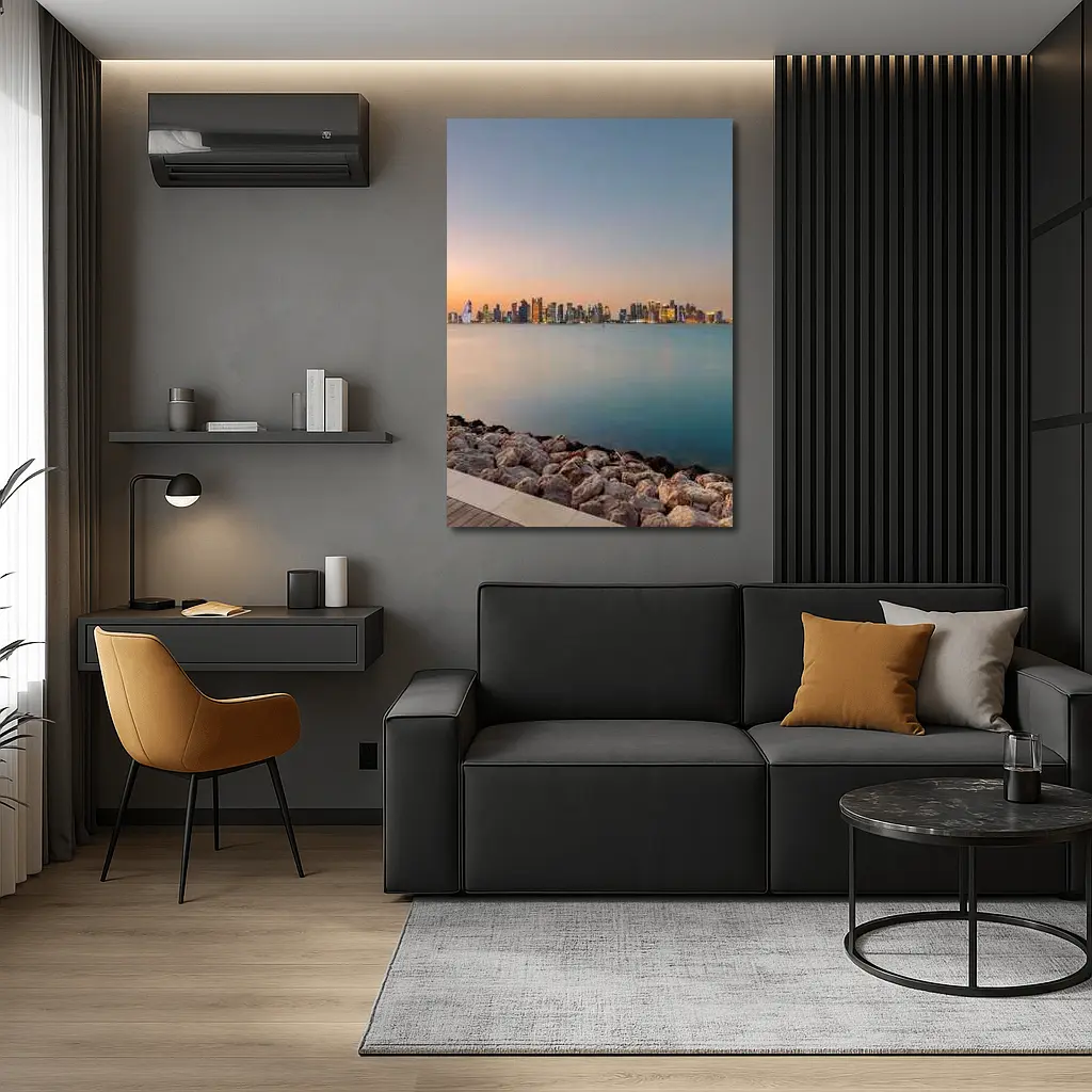 Doha Qatar Skyline at Sunset Over Water – Wall Art