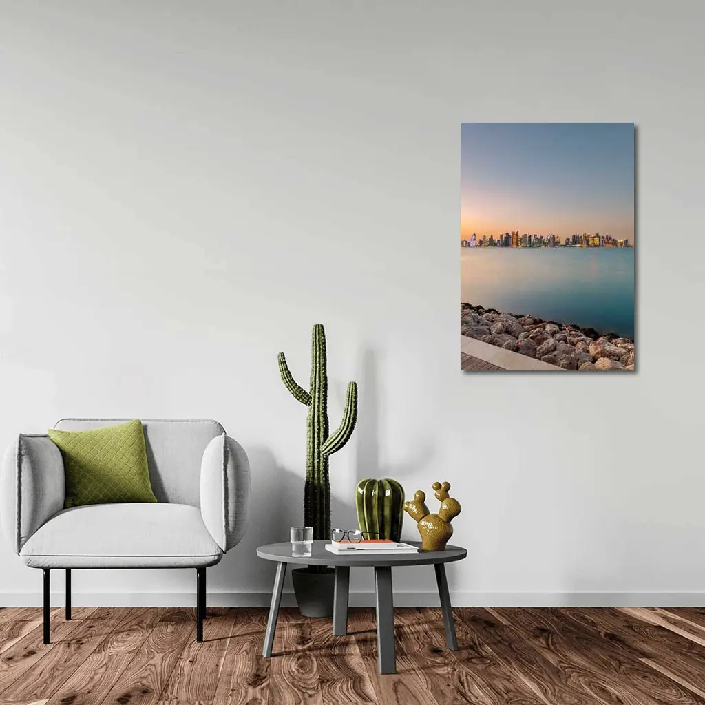 Doha Qatar Skyline at Sunset Over Water – Wall Art