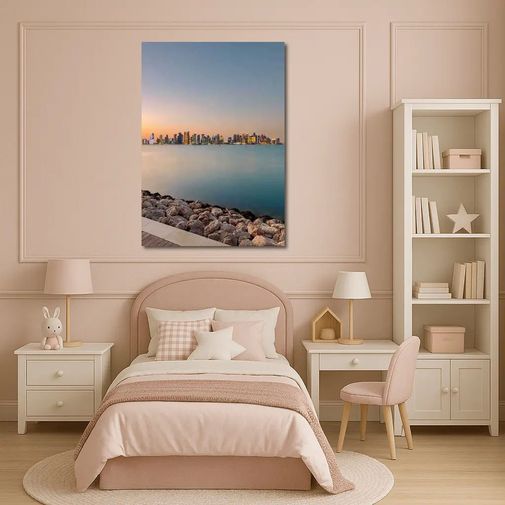 Doha Qatar Skyline at Sunset Over Water – Wall Art