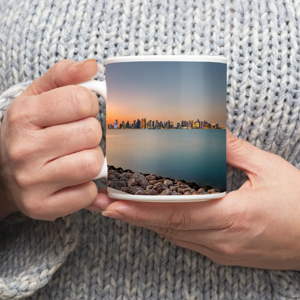 Doha Qatar Skyline at Sunset Over Water – Mugs