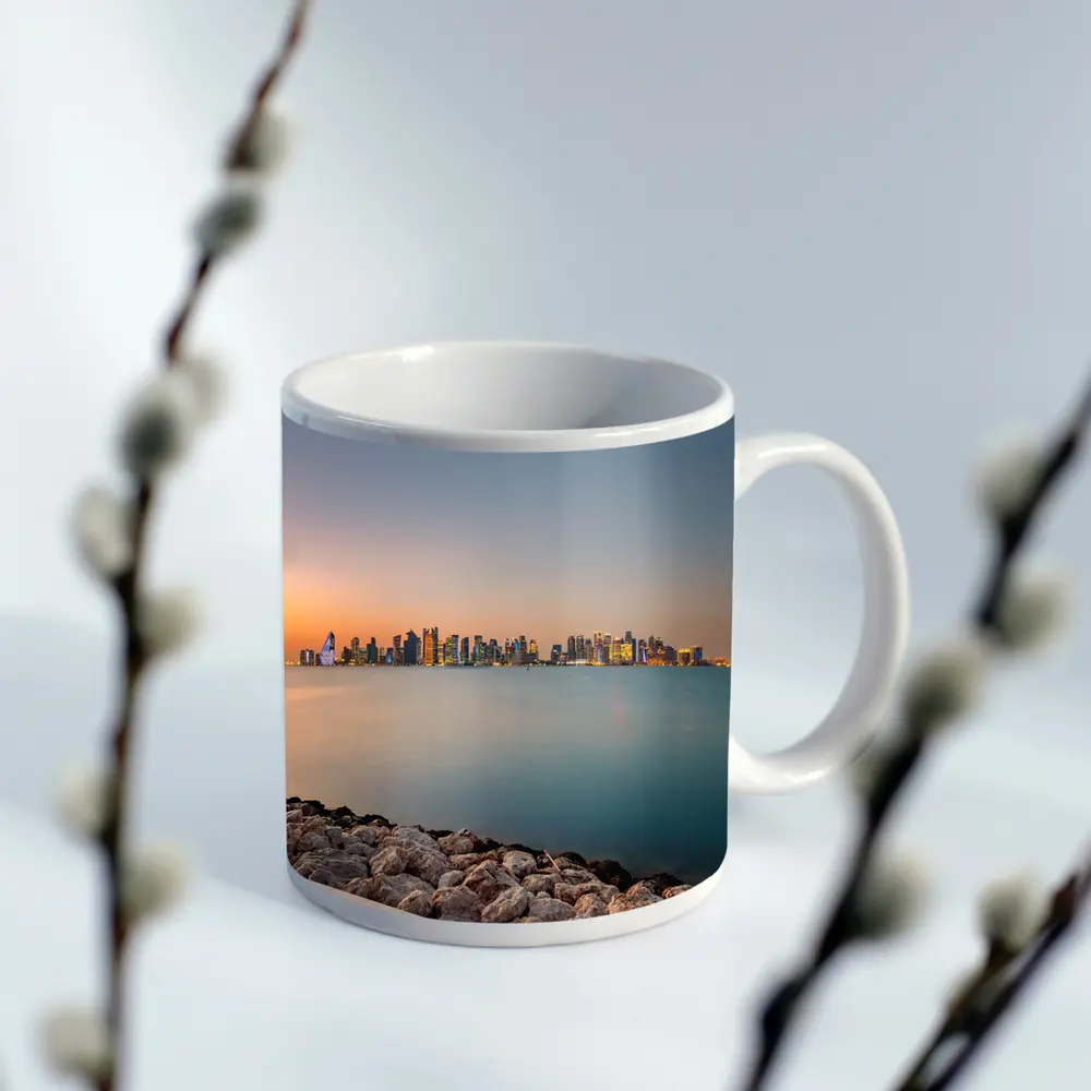 Doha Qatar Skyline at Sunset Over Water – Mugs