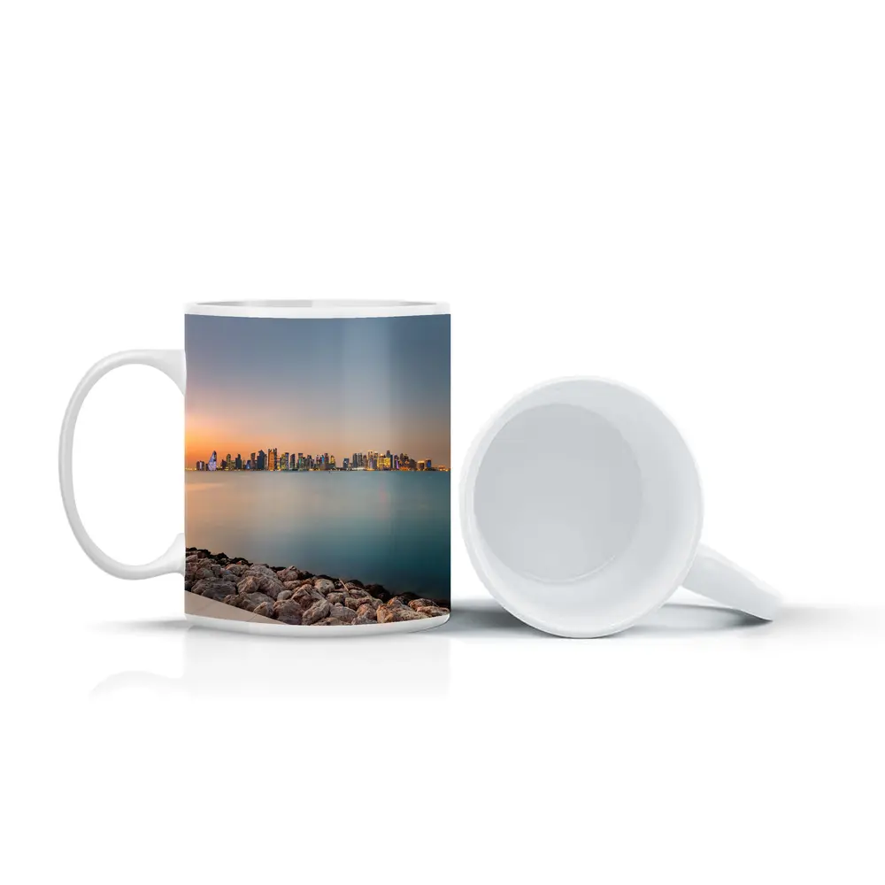 Doha Qatar Skyline at Sunset Over Water – Mugs