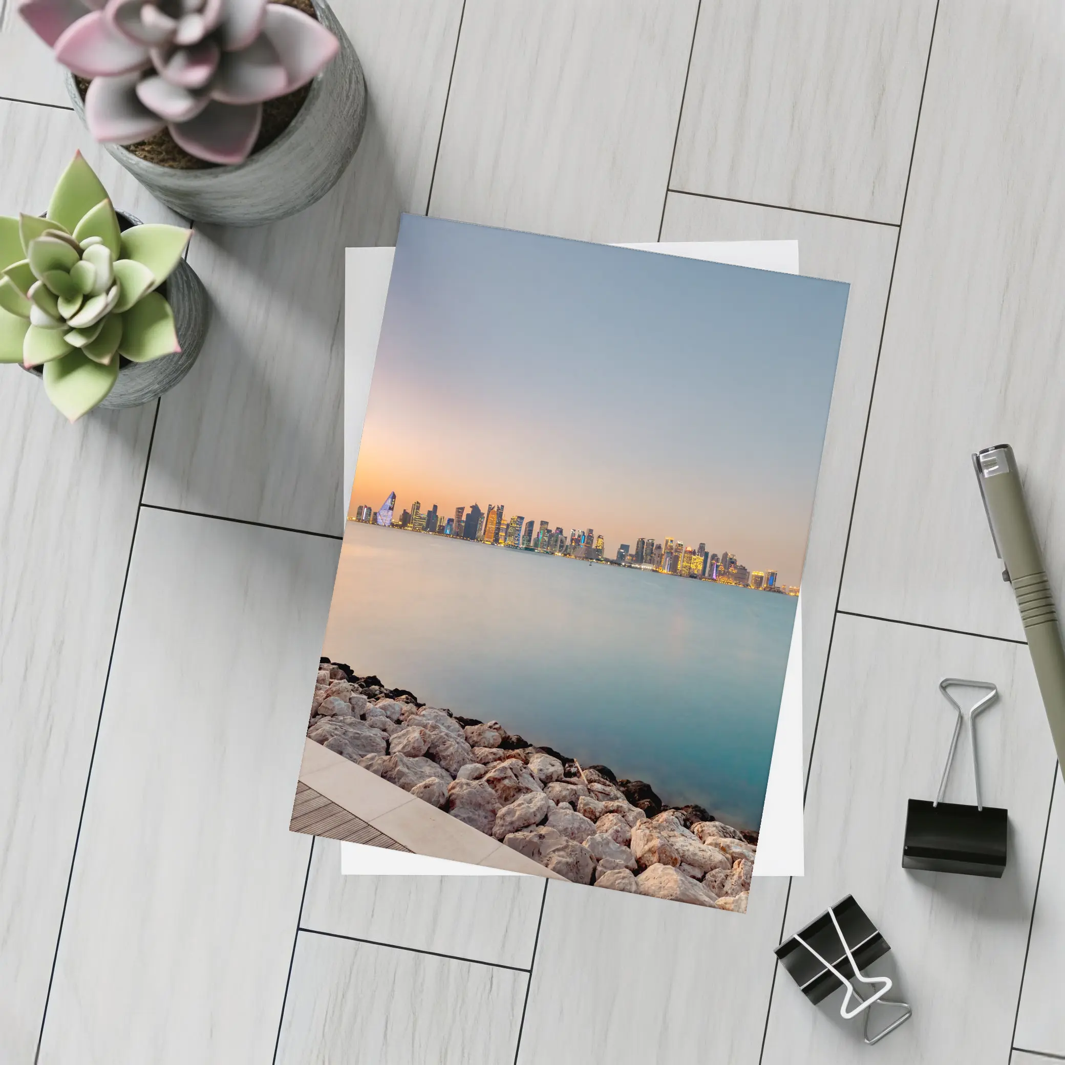 Doha Qatar Skyline at Sunset Over Water – Postcards