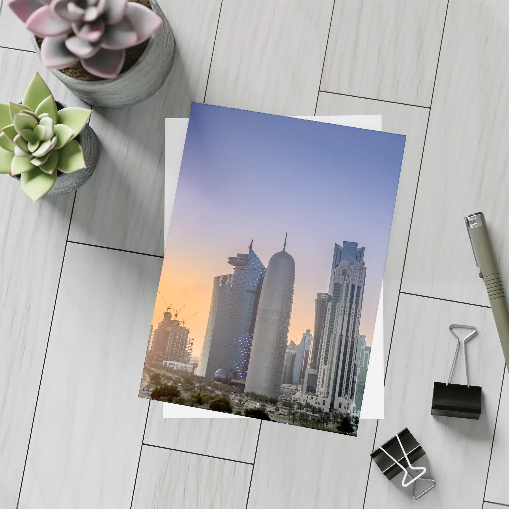 Doha Qatar Skyline at Golden Sunset – Postcards