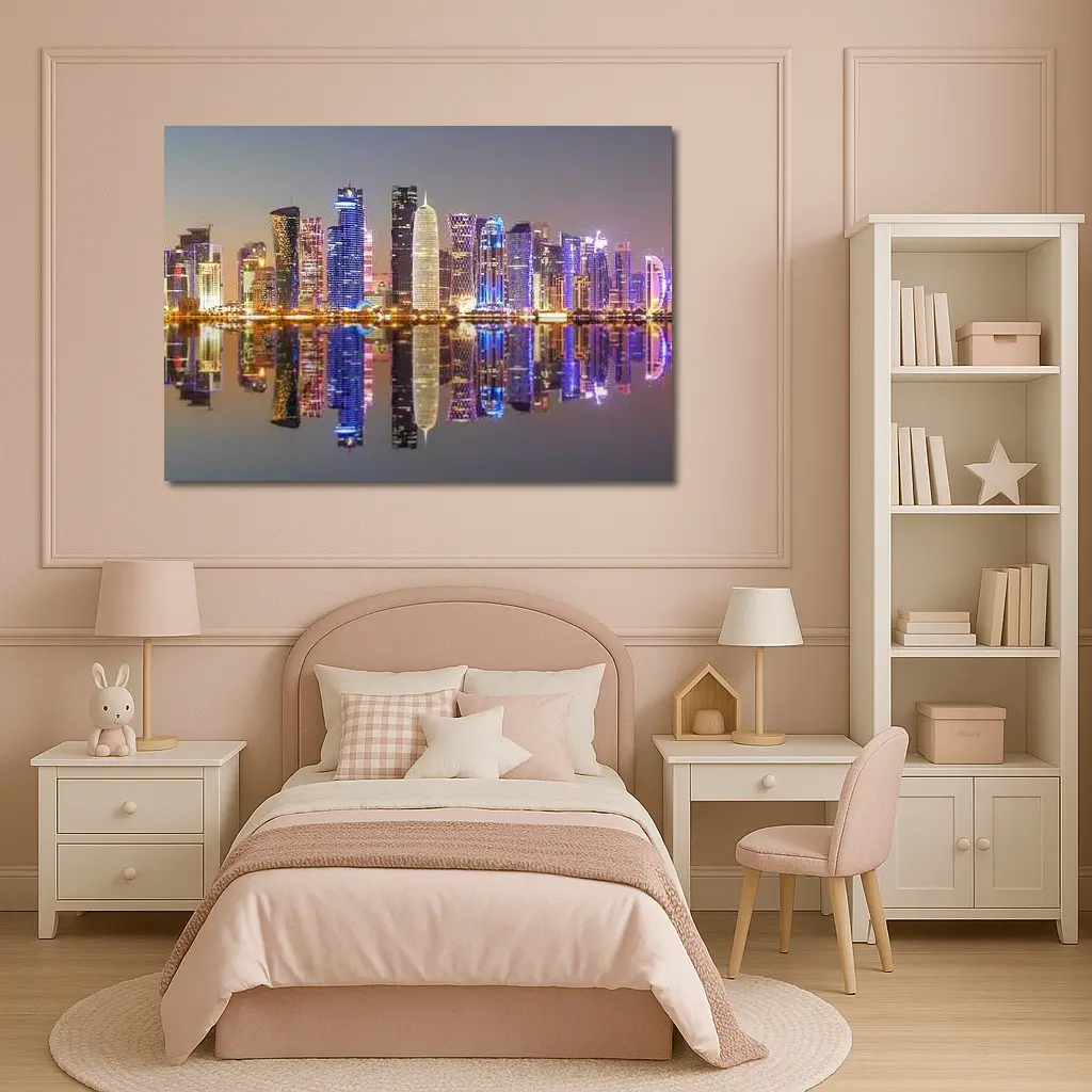 Doha Qatar Skyline Glowing Night Reflection – Wall Art