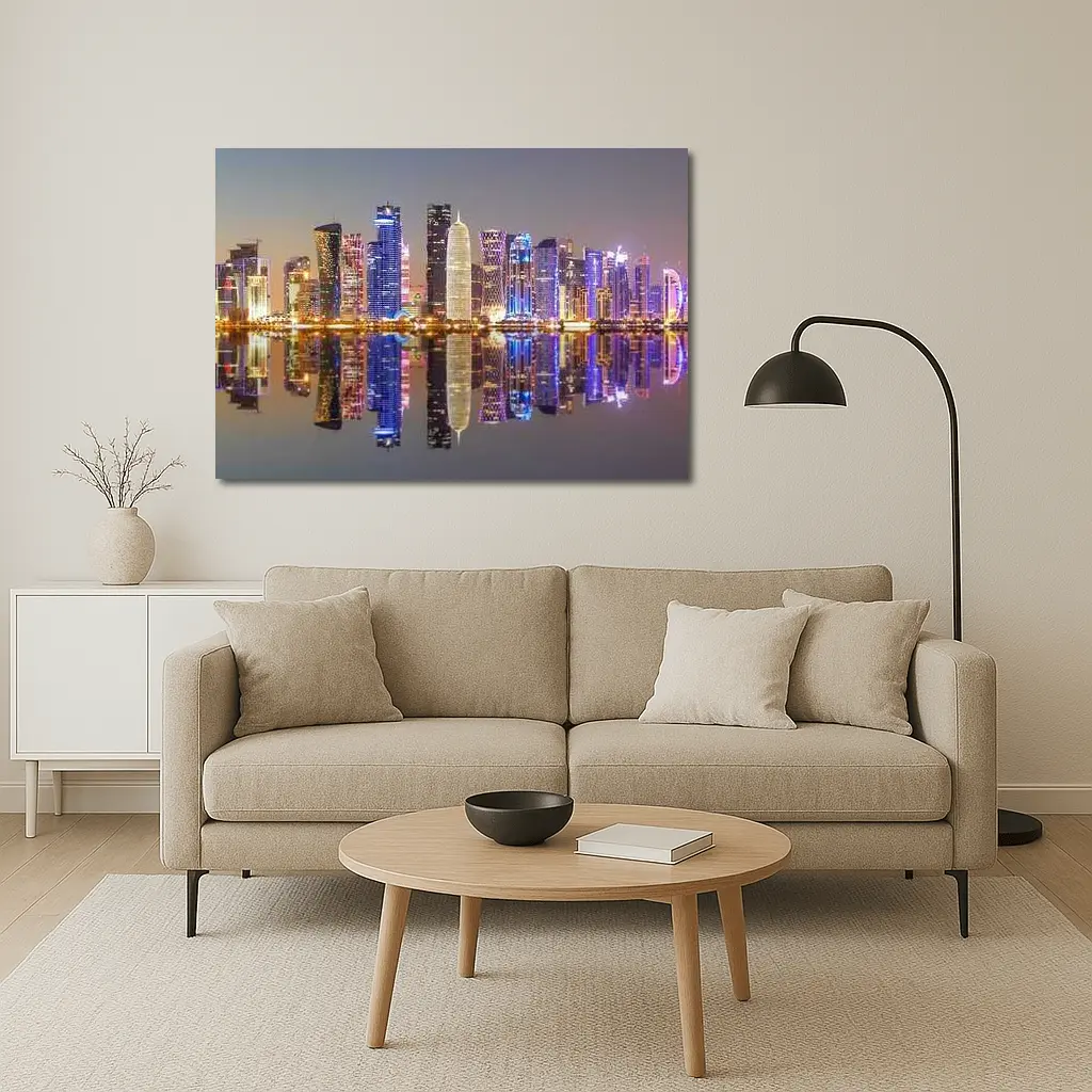 Doha Qatar Skyline Glowing Night Reflection – Wall Art
