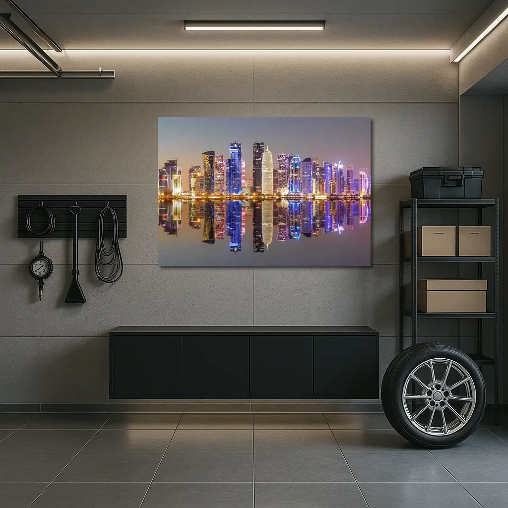 Doha Qatar Skyline Glowing Night Reflection – Wall Art
