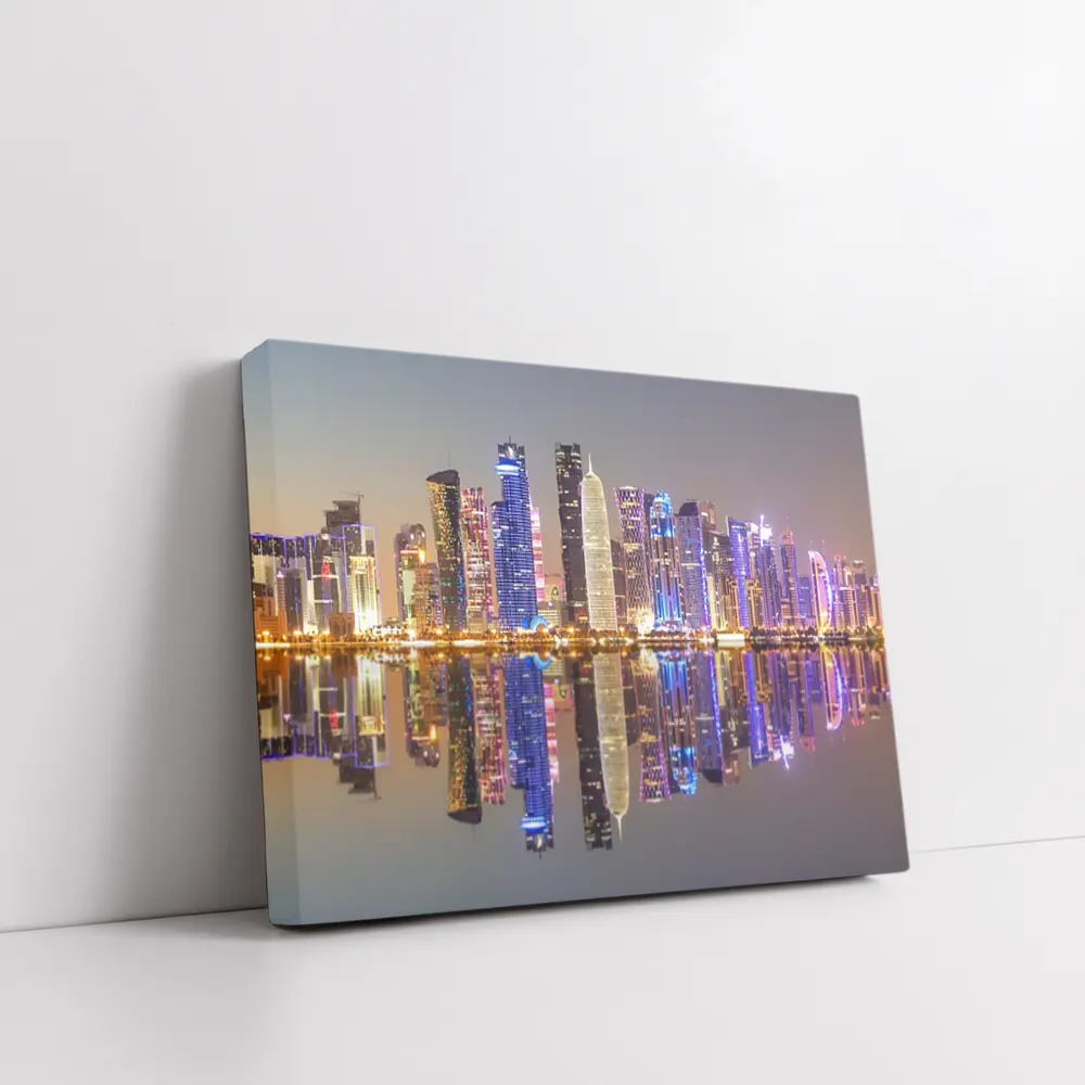 Doha Qatar Skyline Glowing Night Reflection – Wall Art