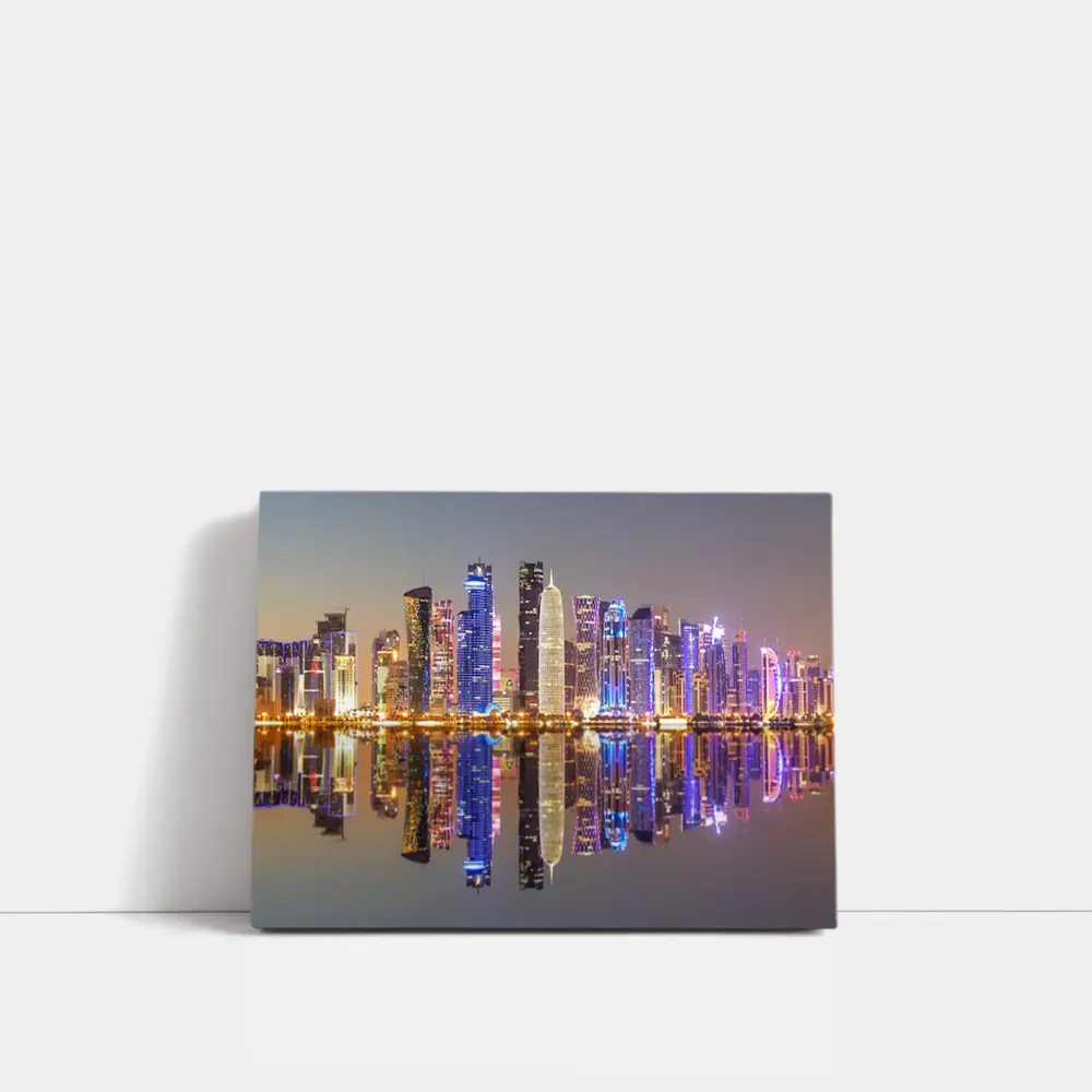 Doha Qatar Skyline Glowing Night Reflection – Wall Art