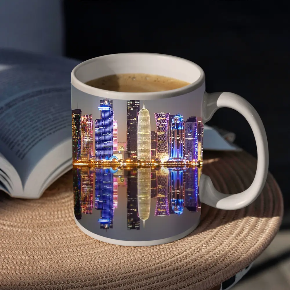 Doha Qatar Skyline Glowing Night Reflection – Mugs
