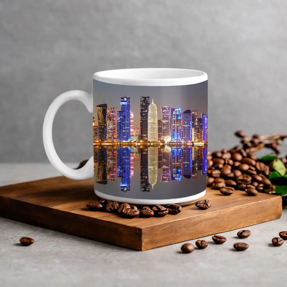Doha Qatar Skyline Glowing Night Reflection – Mugs