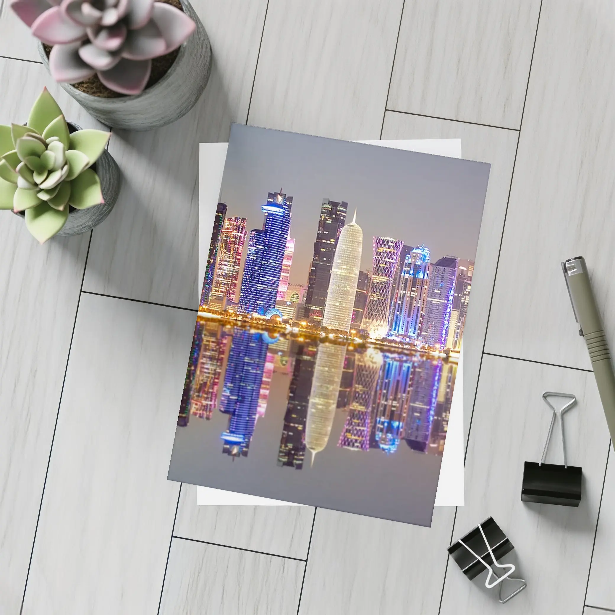 Doha Qatar Skyline Glowing Night Reflection – Postcards