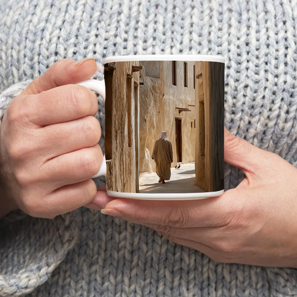 Man Walking Ancient Alley Middle East – Mugs