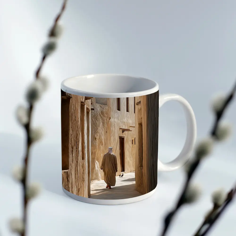 Man Walking Ancient Alley Middle East – Mugs