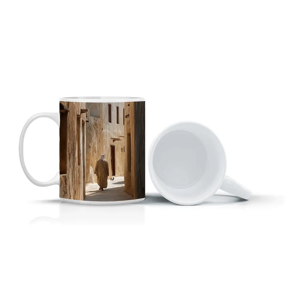 Man Walking Ancient Alley Middle East – Mugs