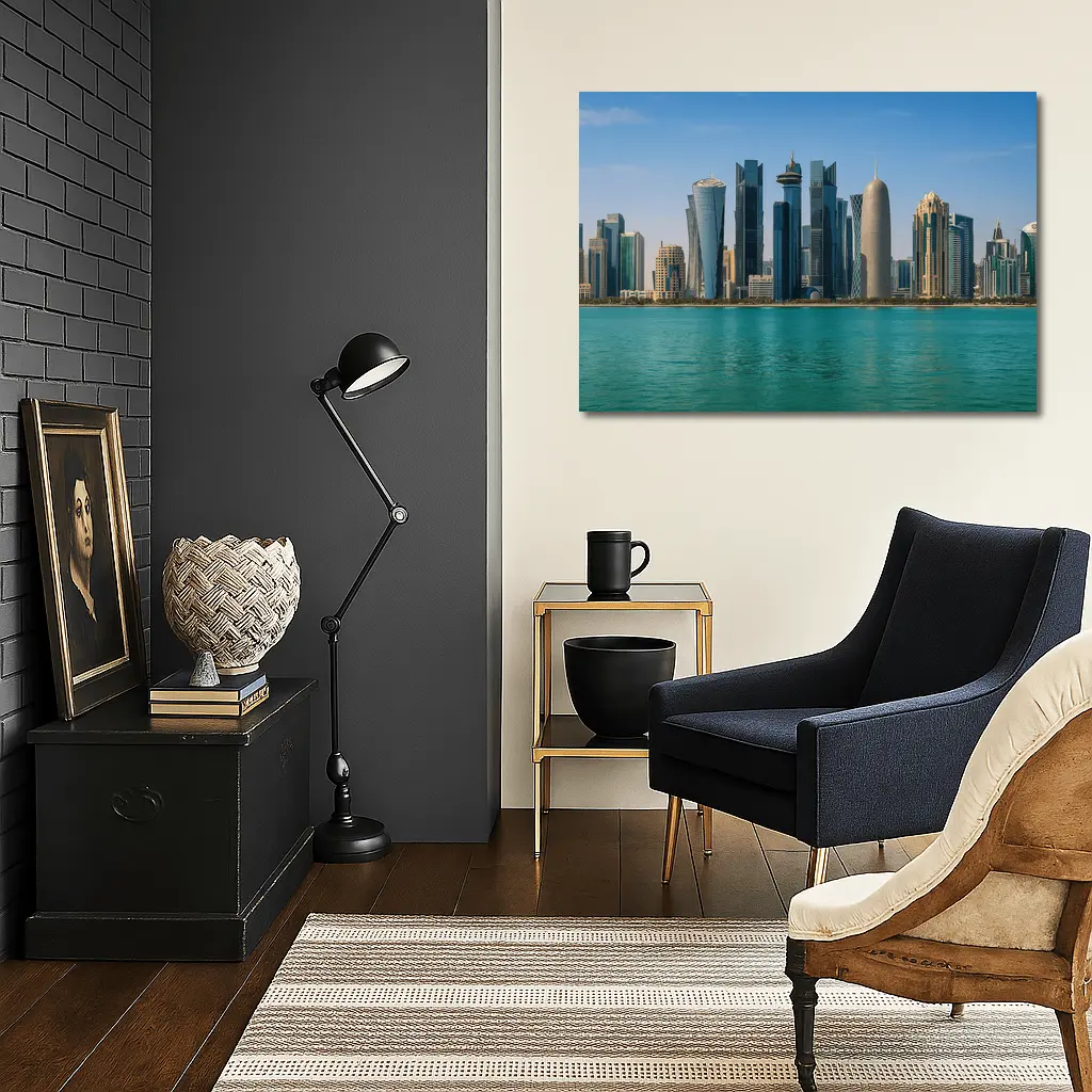 Doha Qatar Skyline Over Turquoise Water – Wall Art