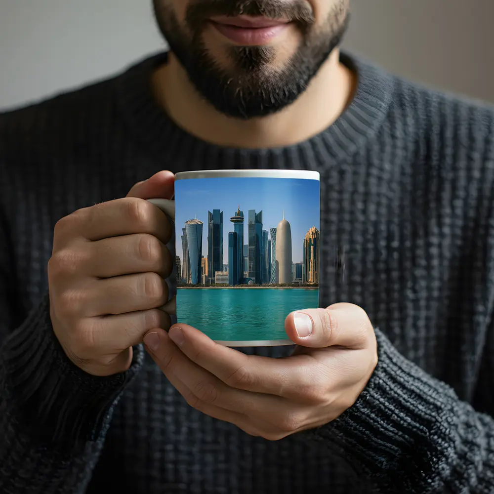 Doha Qatar Skyline Over Turquoise Water – Mugs