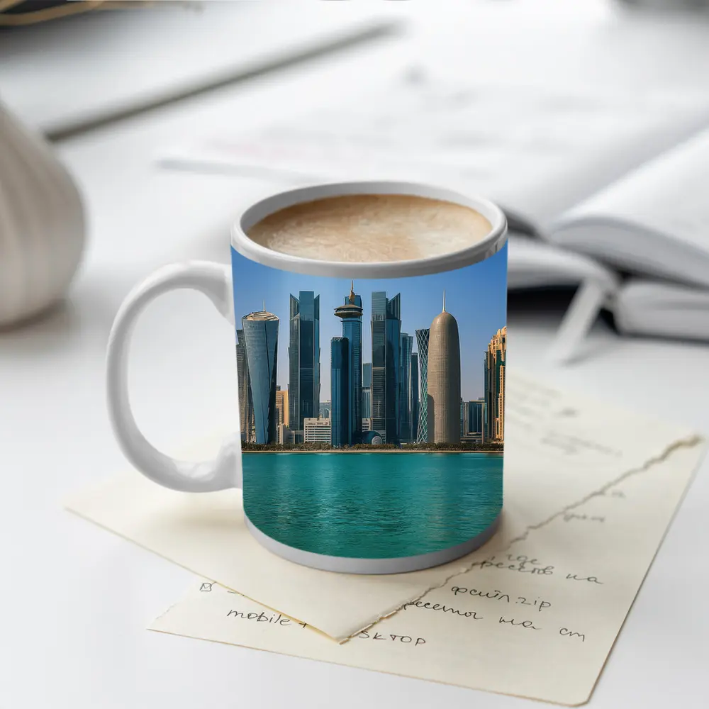 Doha Qatar Skyline Over Turquoise Water – Mugs