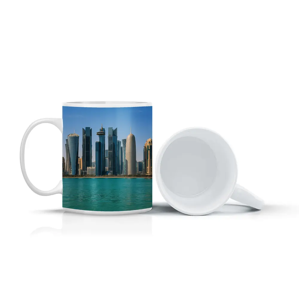 Doha Qatar Skyline Over Turquoise Water – Mugs