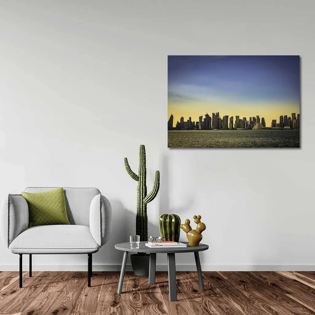 Doha Qatar Skyline Over Golden Water – Wall Art