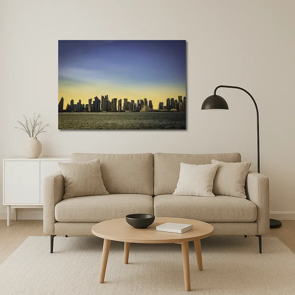 Doha Qatar Skyline Over Golden Water – Wall Art