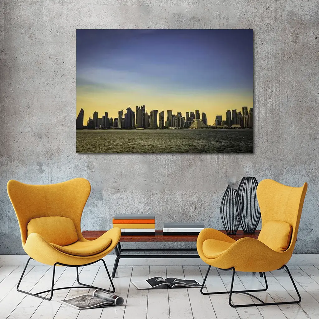 Doha Qatar Skyline Over Golden Water – Wall Art
