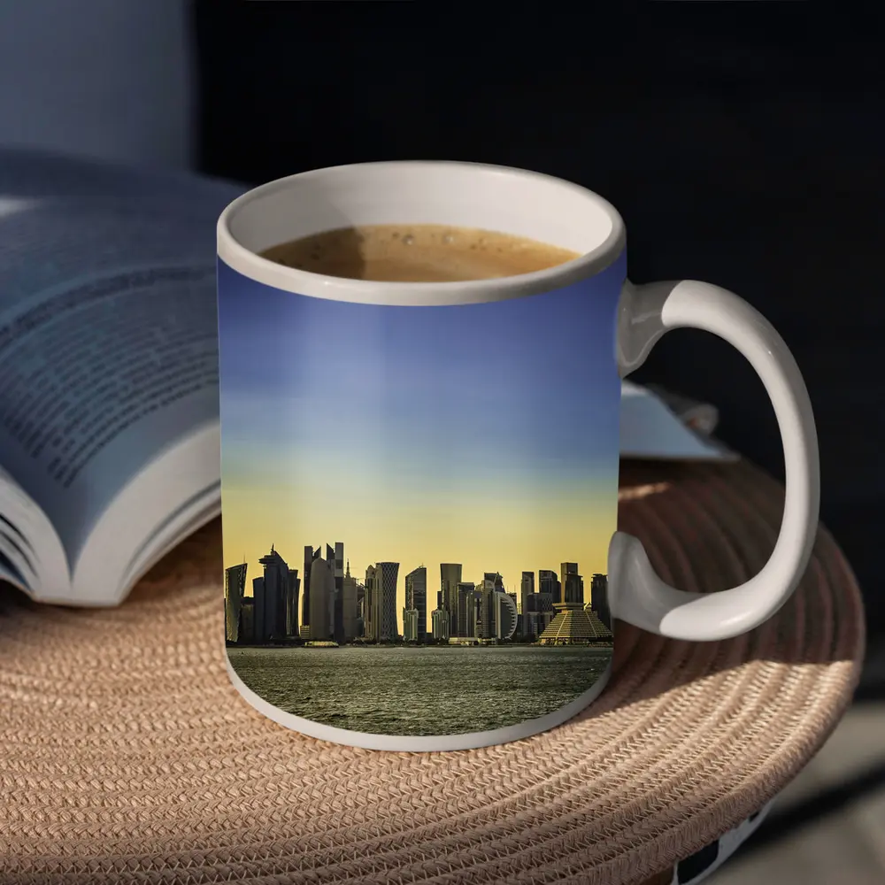 Doha Qatar Skyline Over Golden Water – Mugs