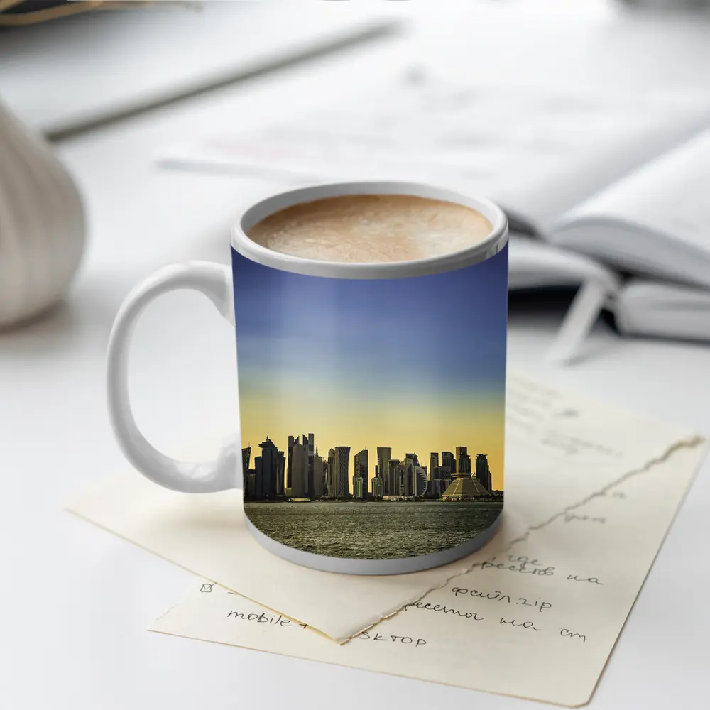 Doha Qatar Skyline Over Golden Water – Mugs