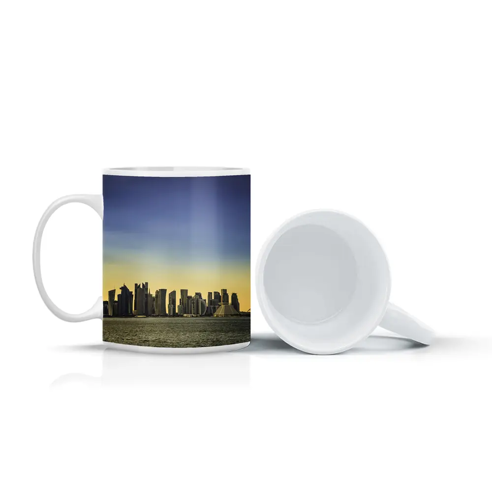 Doha Qatar Skyline Over Golden Water – Mugs
