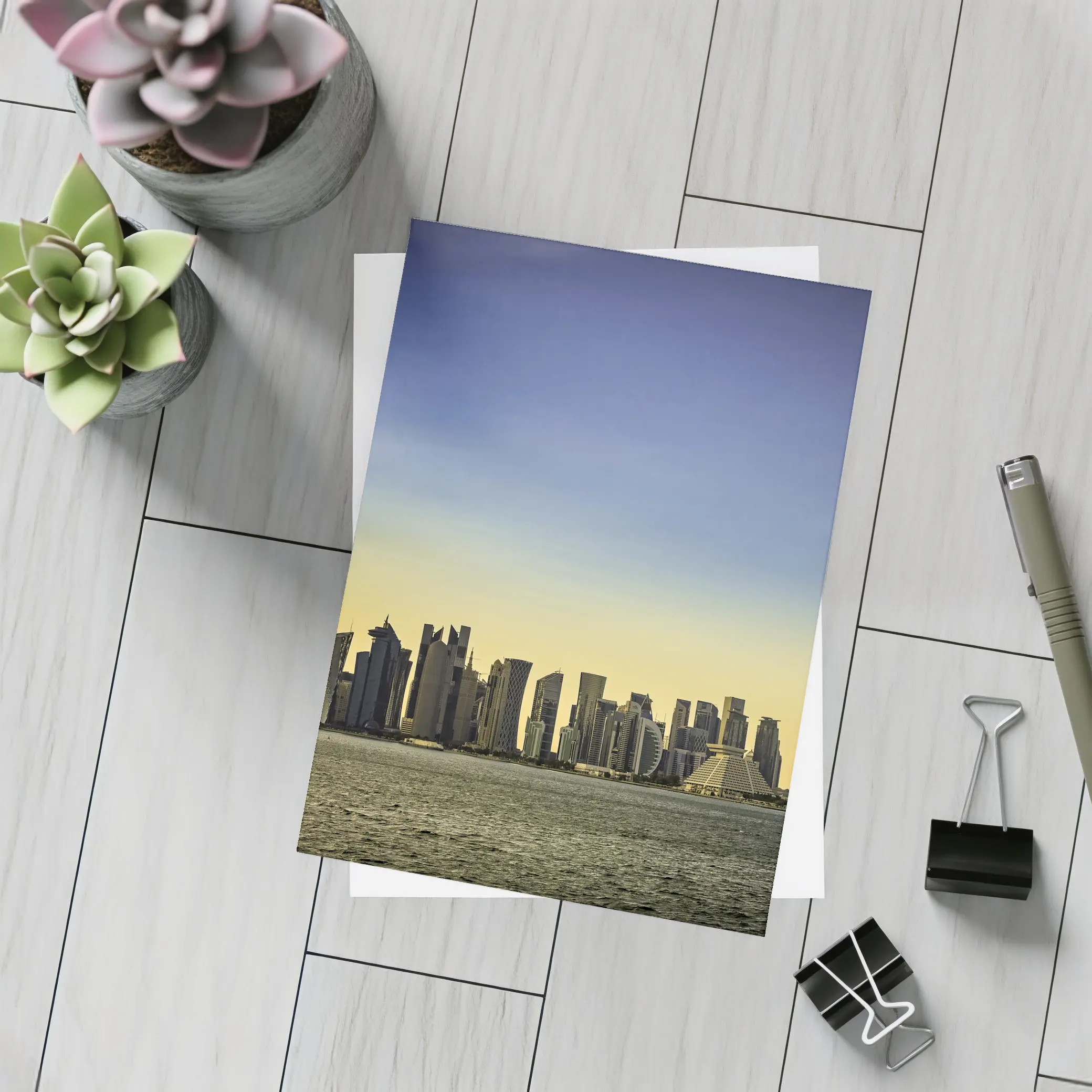 Doha Qatar Skyline Over Golden Water – Postcards