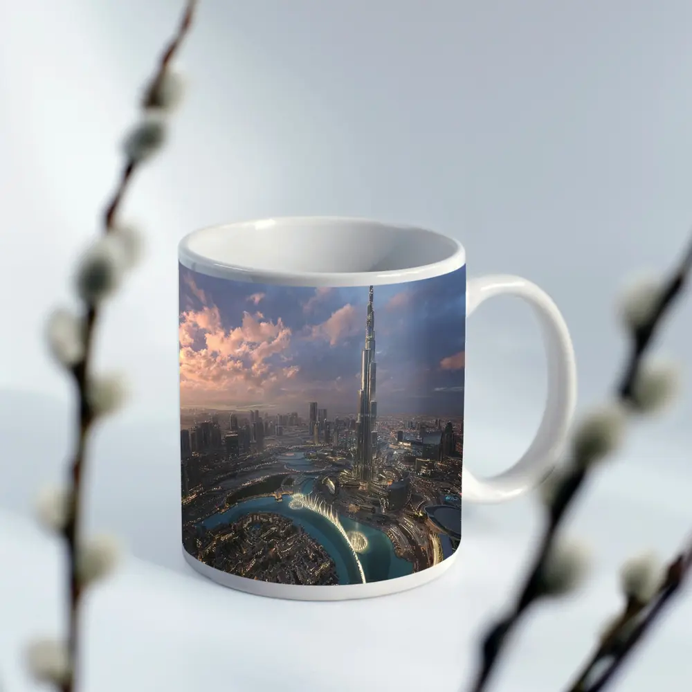 Burj Khalifa Dubai Skyline Aerial Sunset View – Mugs