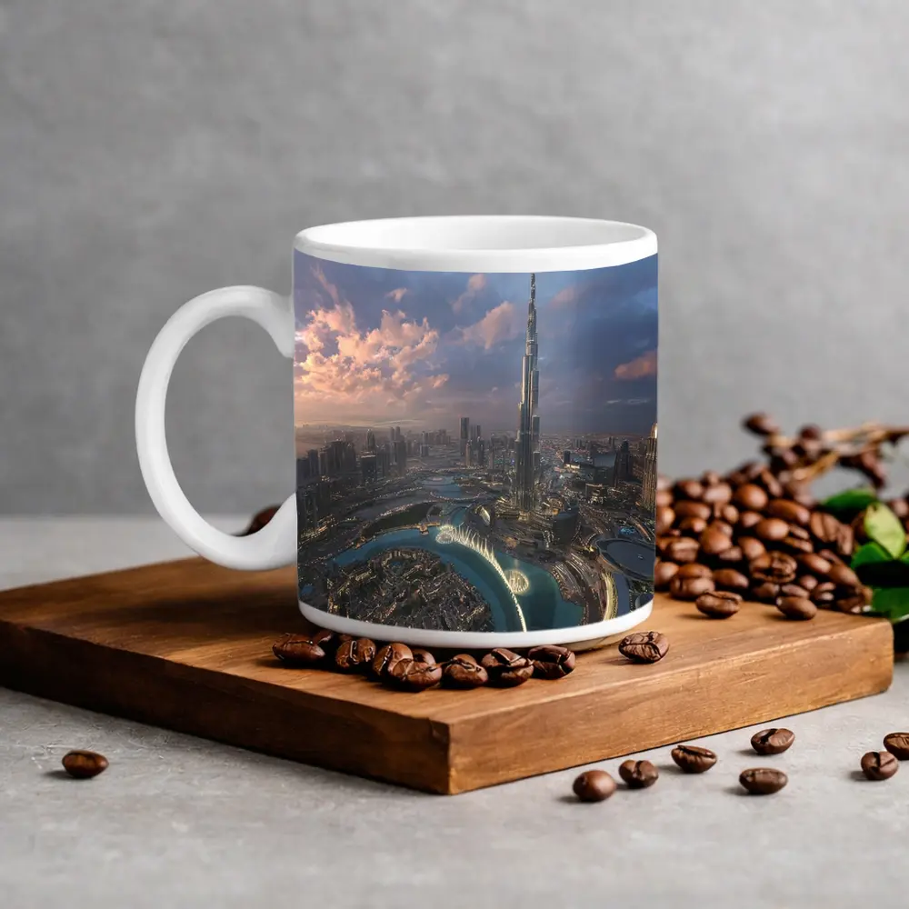 Burj Khalifa Dubai Skyline Aerial Sunset View – Mugs